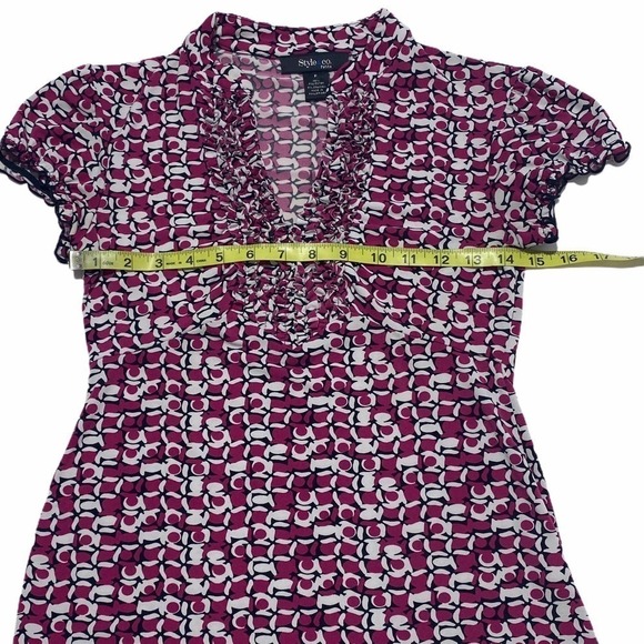 STYLE & Co Ruffled Printed Short Sleeve Blouse P - Picture 6 of 8